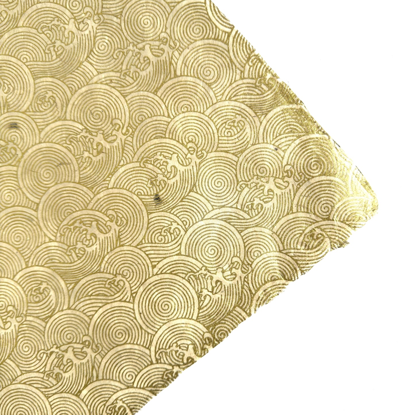 Nepalese handmade decorative lokta paper sheet with a metallic gold wave design screen printed on an ivory lokta paper.