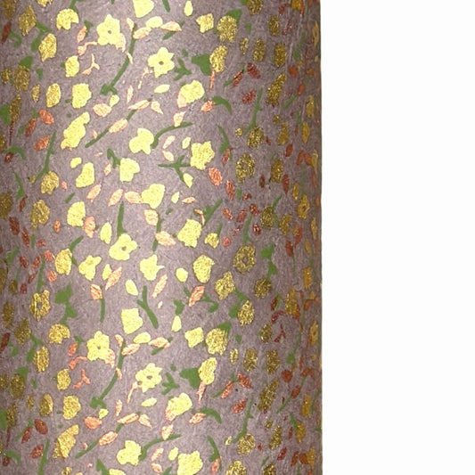 A delicate floral pattern in gold, blush and green screen-printed by hand on muted lavender lokta paper.