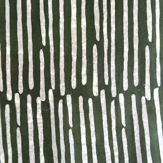 Nepalese handmade decorative lokta paper sheet with a stripe pattern in mossy and white.  Batik dyed using carved wooden blocks