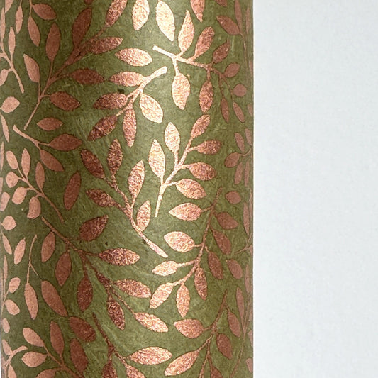Nepalese handmade decorative lokta paper sheet with a metallic copper willow design screen printed on a dusty moss green lokta paper.