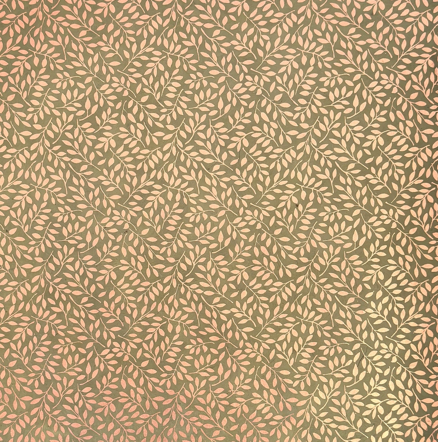 Nepalese handmade decorative lokta paper sheet with a metallic copper willow design screen printed on a dusty moss green lokta paper.