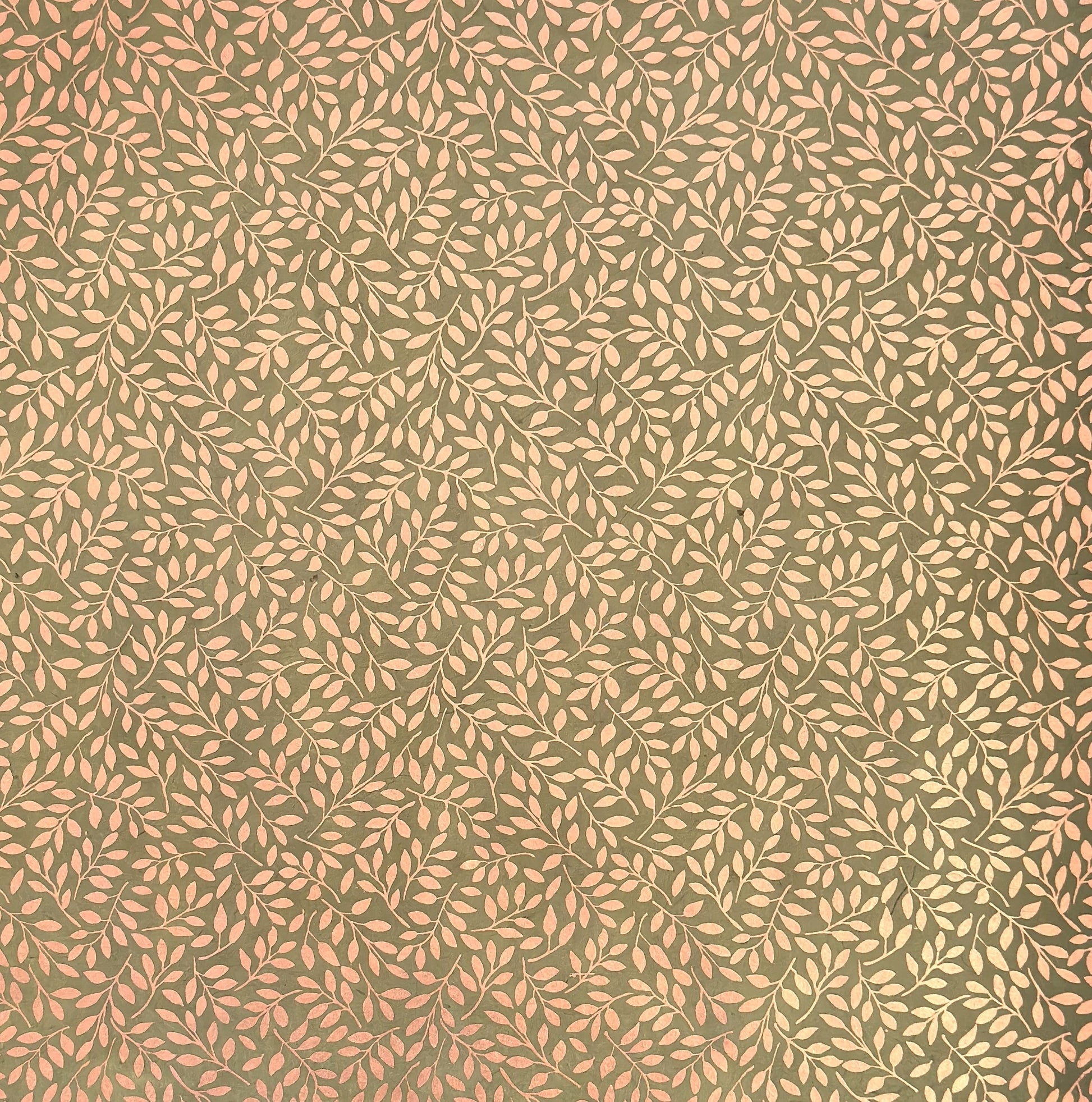 Nepalese handmade decorative lokta paper sheet with a metallic copper willow design screen printed on a dusty moss green lokta paper.