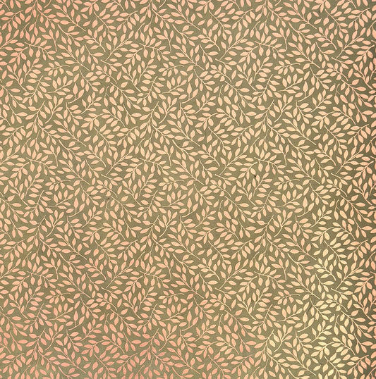 Nepalese handmade decorative lokta paper sheet with a metallic copper willow design screen printed on a dusty moss green lokta paper.