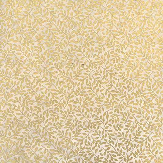 Nepalese handmade decorative lokta paper sheet with a metallic gold willow design screen printed on an ivory lokta paper.