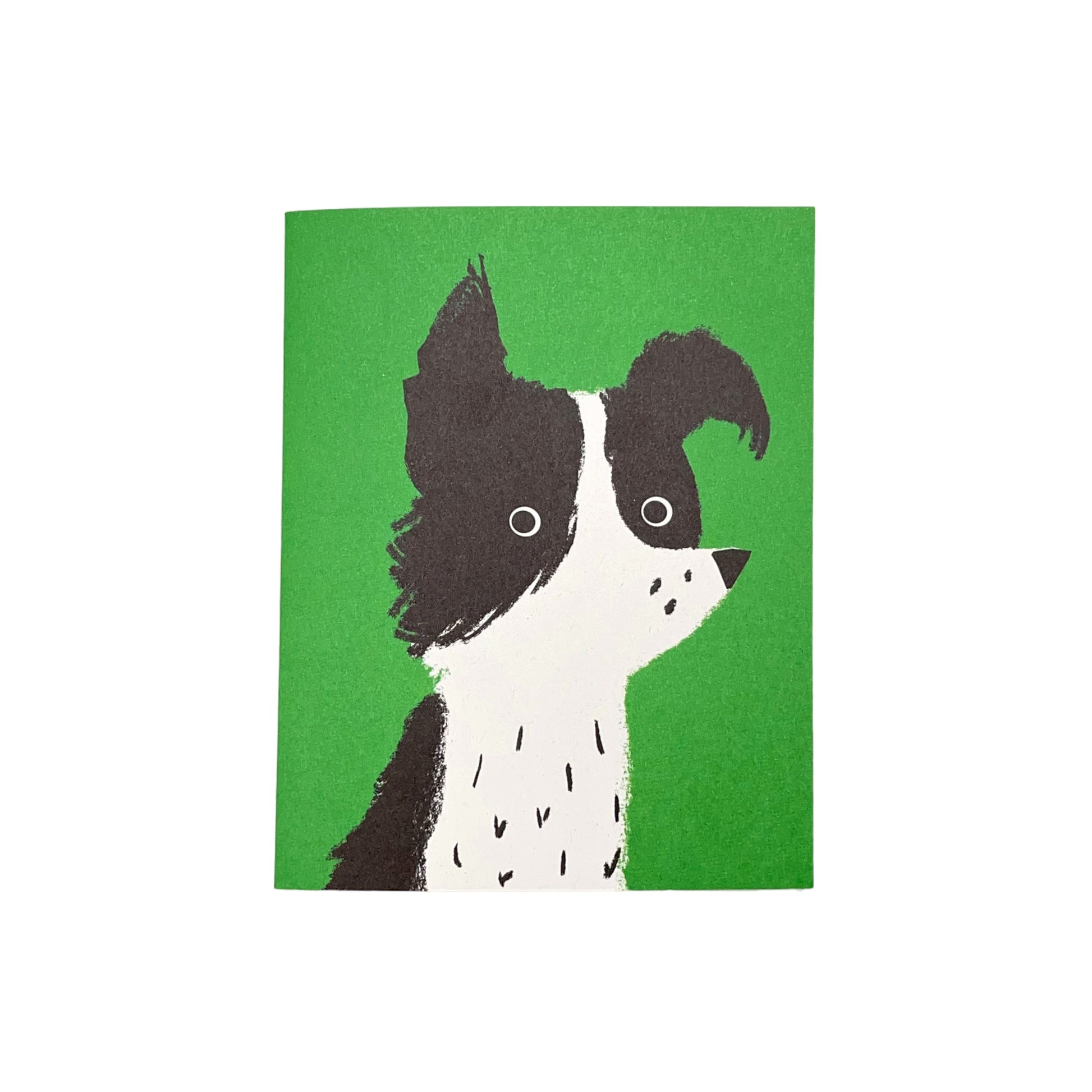 Small greeting card with a drawing of a black and white collie dog against a green background by Lisa Jones Studio