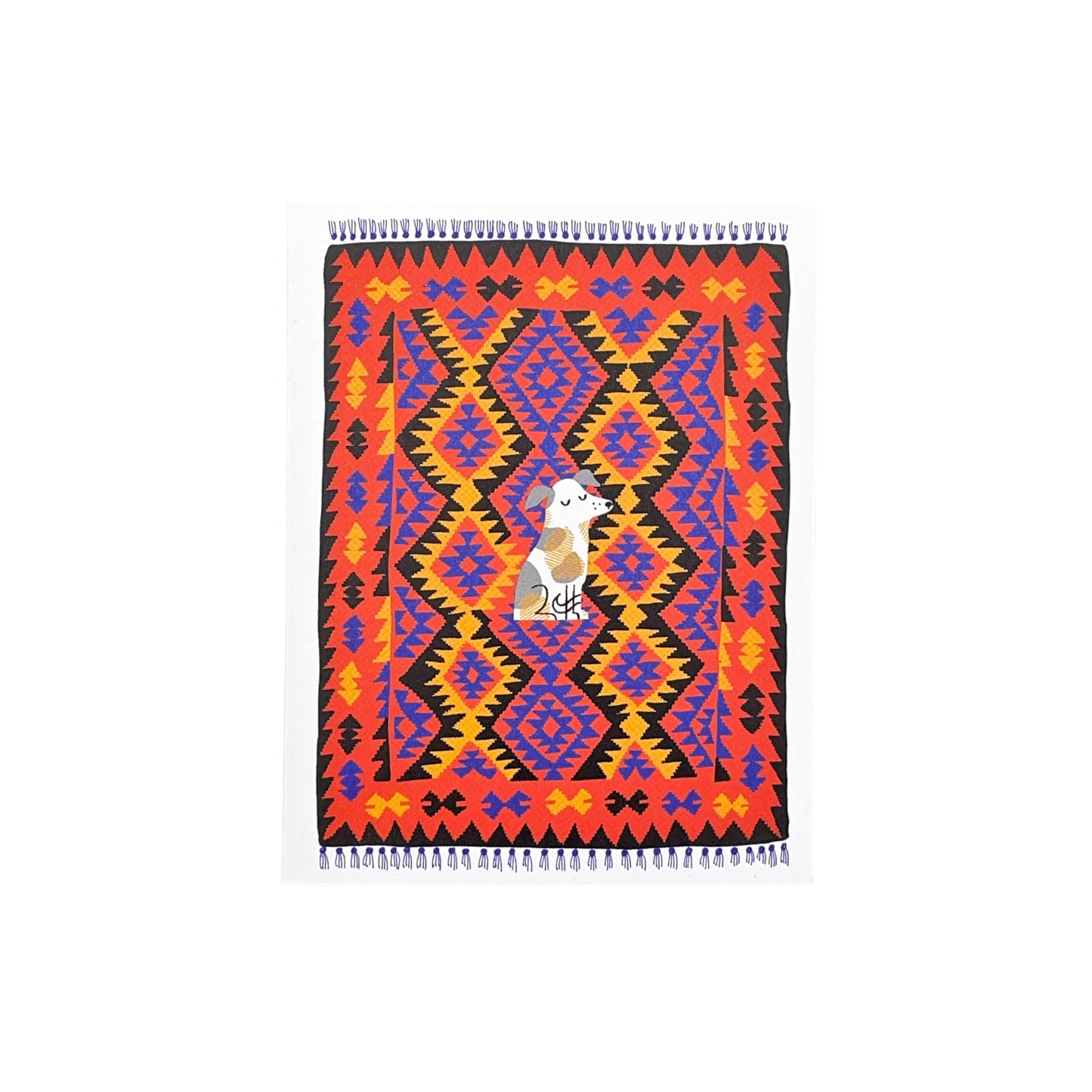 Small greetings card of a drawing of a little terrier dog sitting in the middles of a red, blue and yellow oriental rug by Lisa Jones Studio