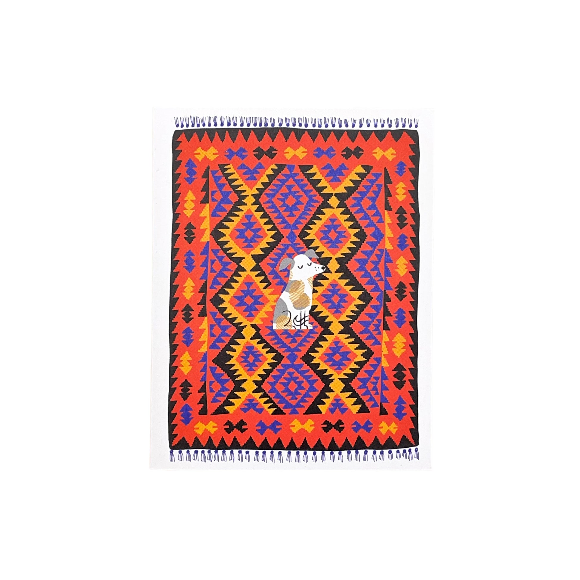 Small greetings card of a drawing of a little terrier dog sitting in the middles of a red, blue and yellow oriental rug by Lisa Jones Studio
