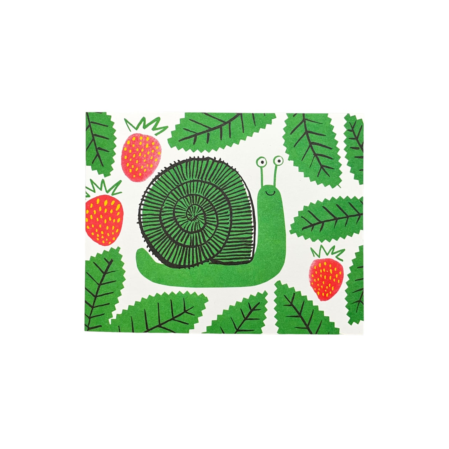 Small greetings card of a drawing of a green snail amongst red strawberries and green leaves by Lisa jones Studio