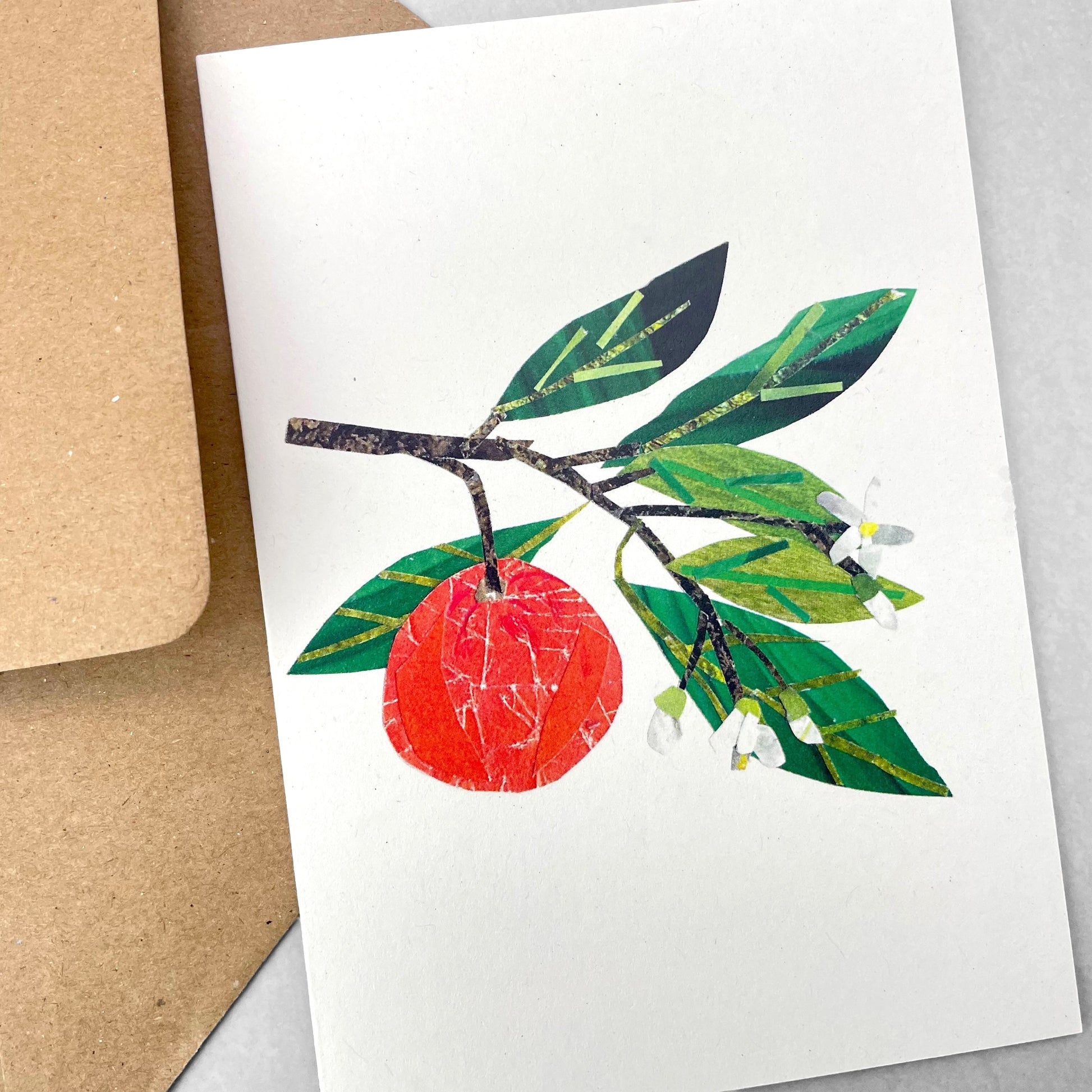 Greetings card by Megan Fartharly of a collaged orange, with envelope