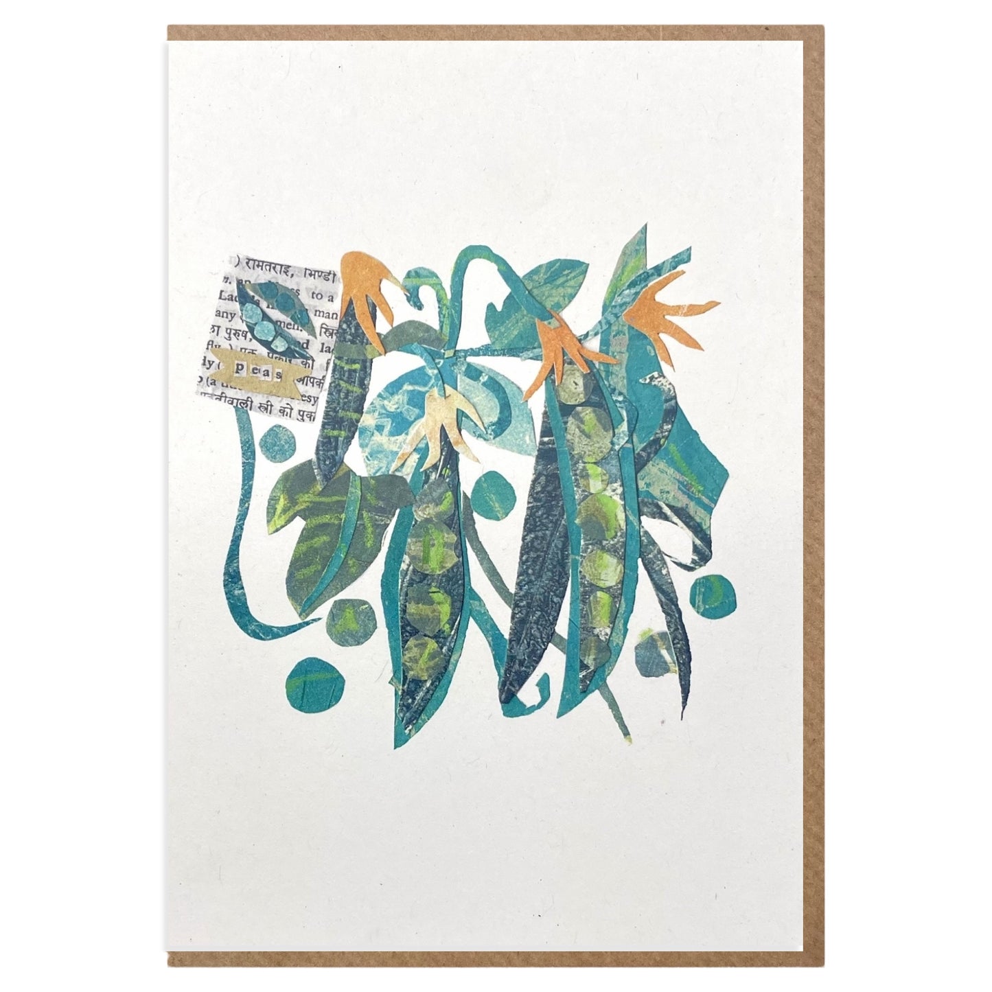 Greetings card by Megan Fartharly of a bunch of collaged peas