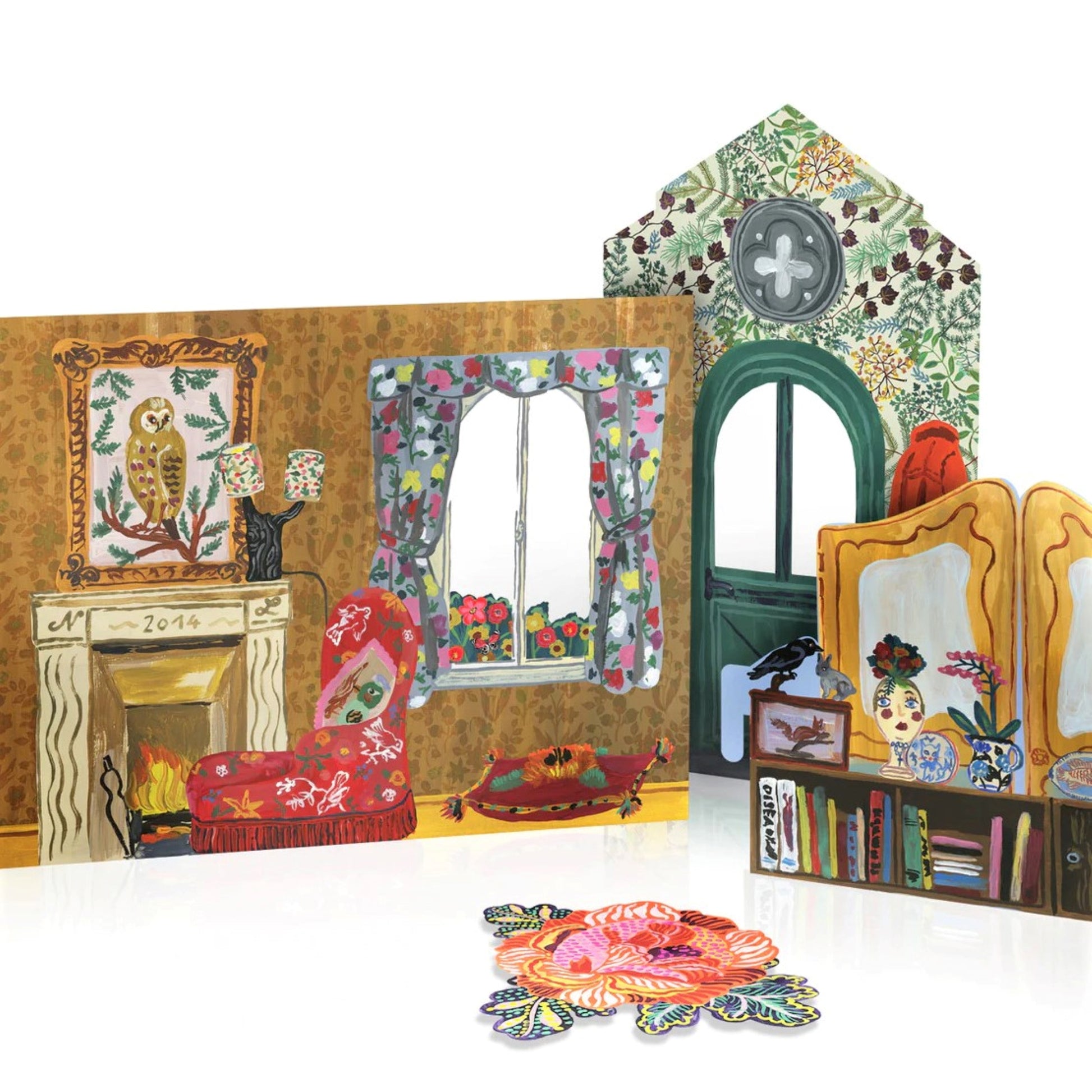 A paper doll's house kit by Mon Petit Art. La Maison, Bienvenue chez Nathalie Lete. Image of colourful panels that can be moved around and positioned in the paper dolls house.