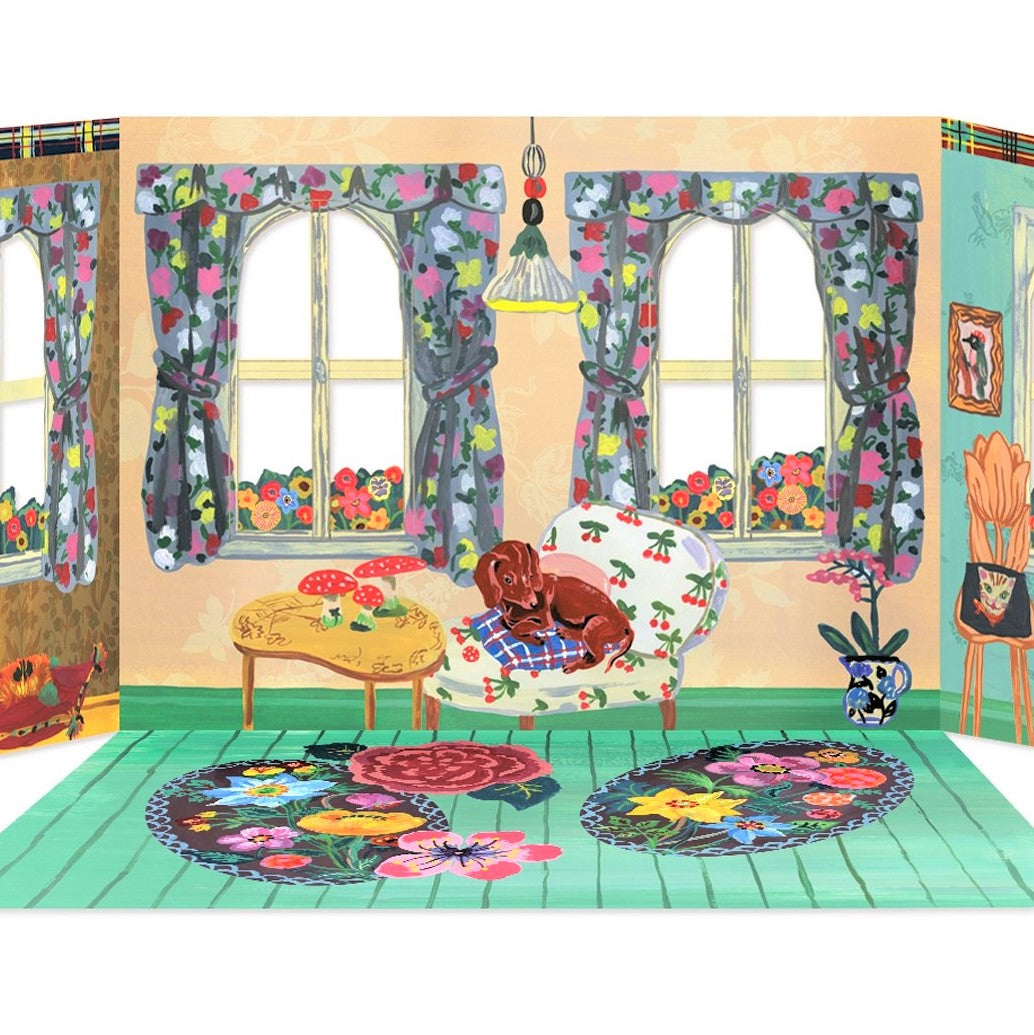 A paper doll's house kit by Mon Petit Art. La Maison, Bienvenue chez Nathalie Lete.  Close-up of one of the rooms of the paper house.