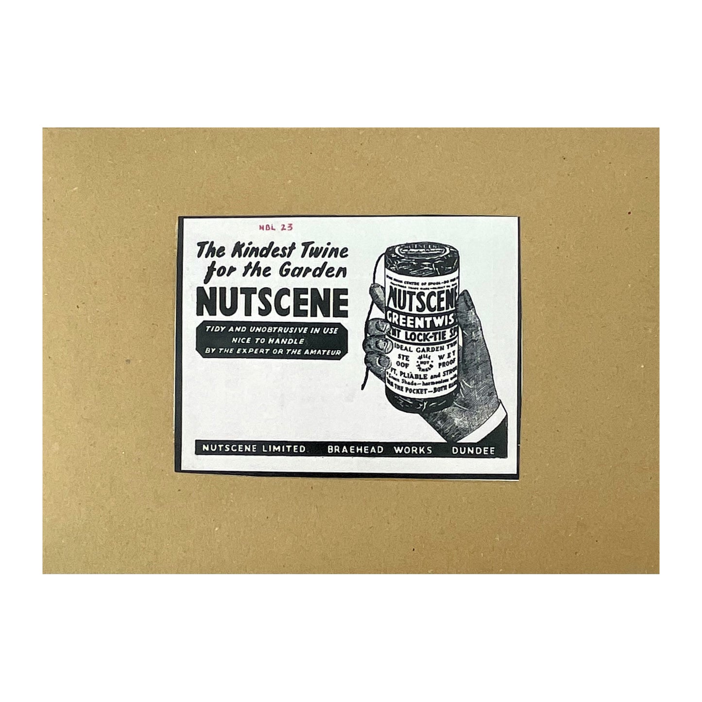 Gift box of 6 coloured jute twine balls by Nutscene. Front of the craft cardboard gift box, with a vintage style white and black label. "The Kindest Twine for the Garden Nutscene"