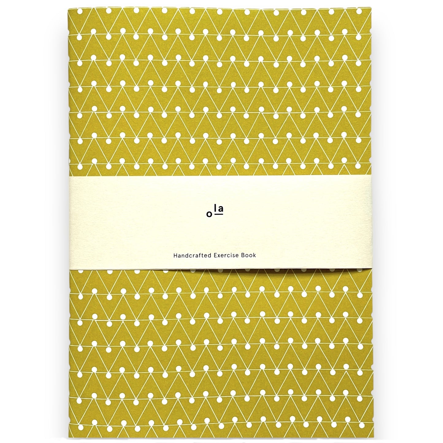 Slimline, softcover exercise book by Ola Studio with a triangular geometric cover in mustard and white, pictured with branded presentation band