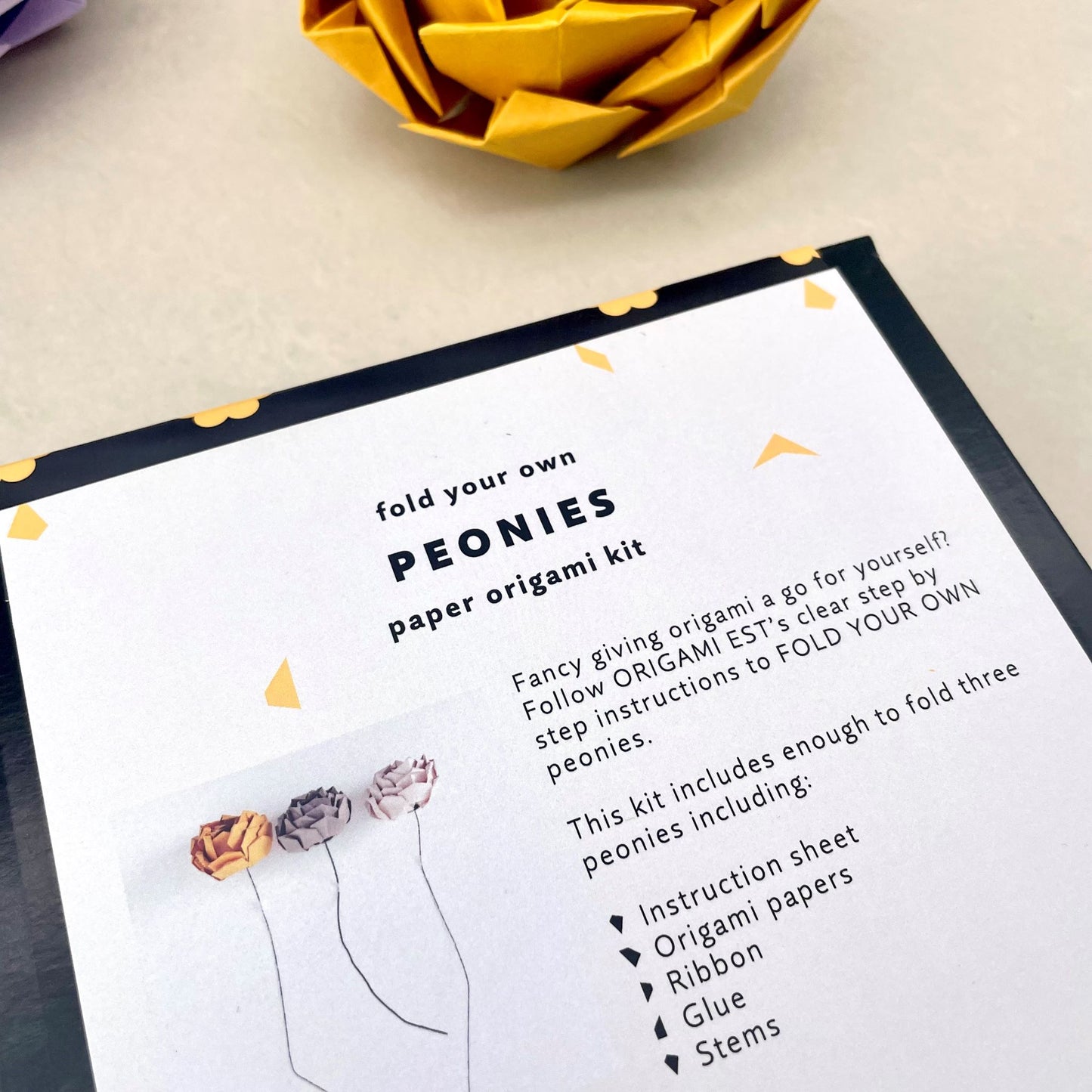 fold your own paper origami peonies kit, reverse of packaging, by Origami Est