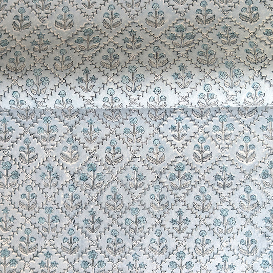 a sheet of hand block printed wrapping paper with a floral lattice design in soft blue