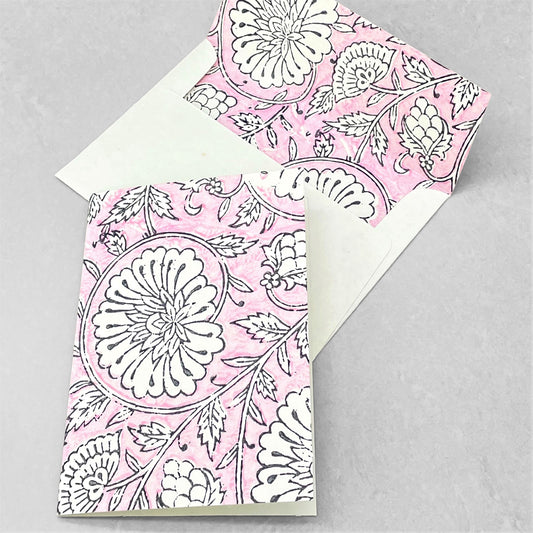 Hand block printed greetings card with repeat floral pattern in pink and cream, by Paper Mirchi