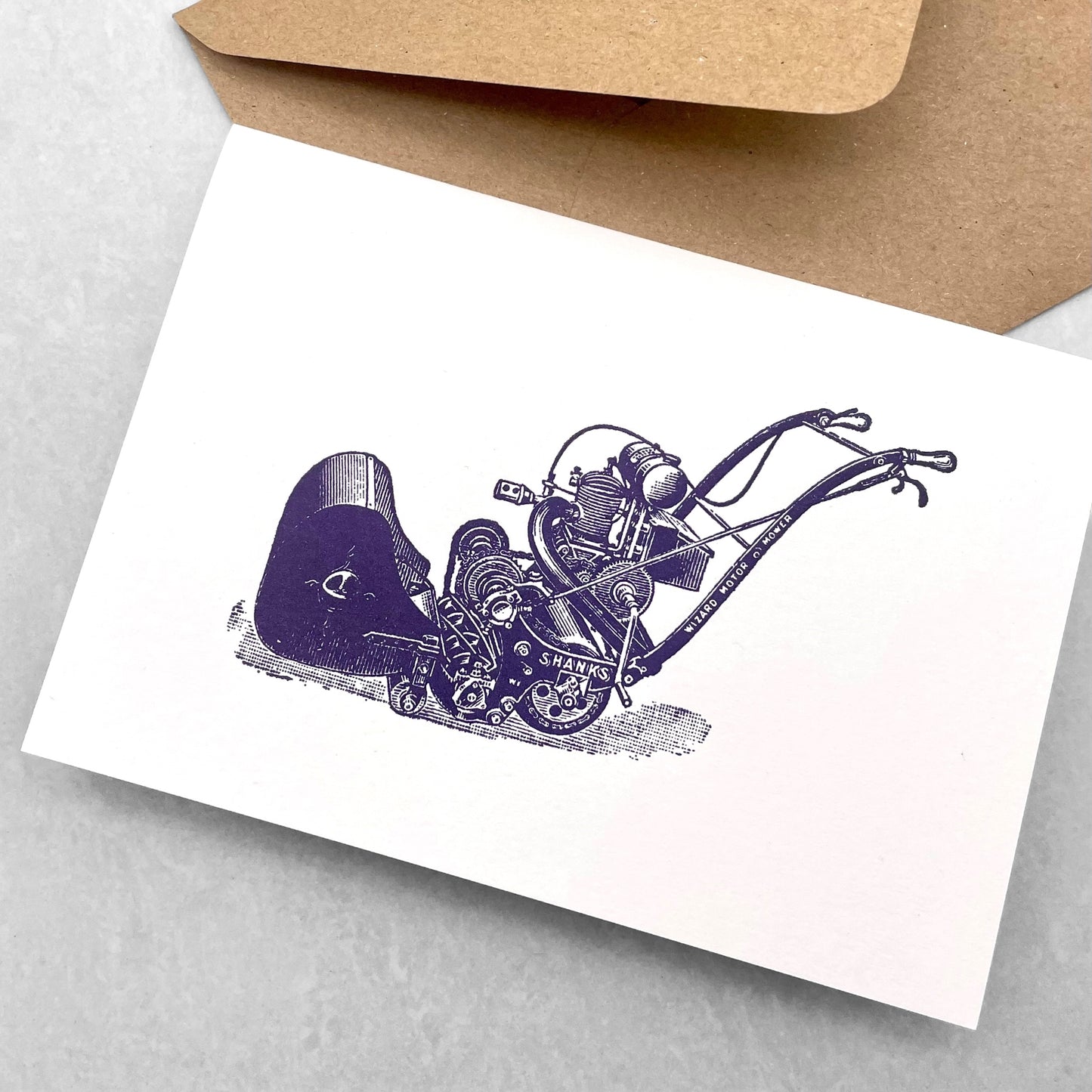 letterpress greetings card of a drawing of a vintage lawn mower, dark blue ink on white by Passenger Press