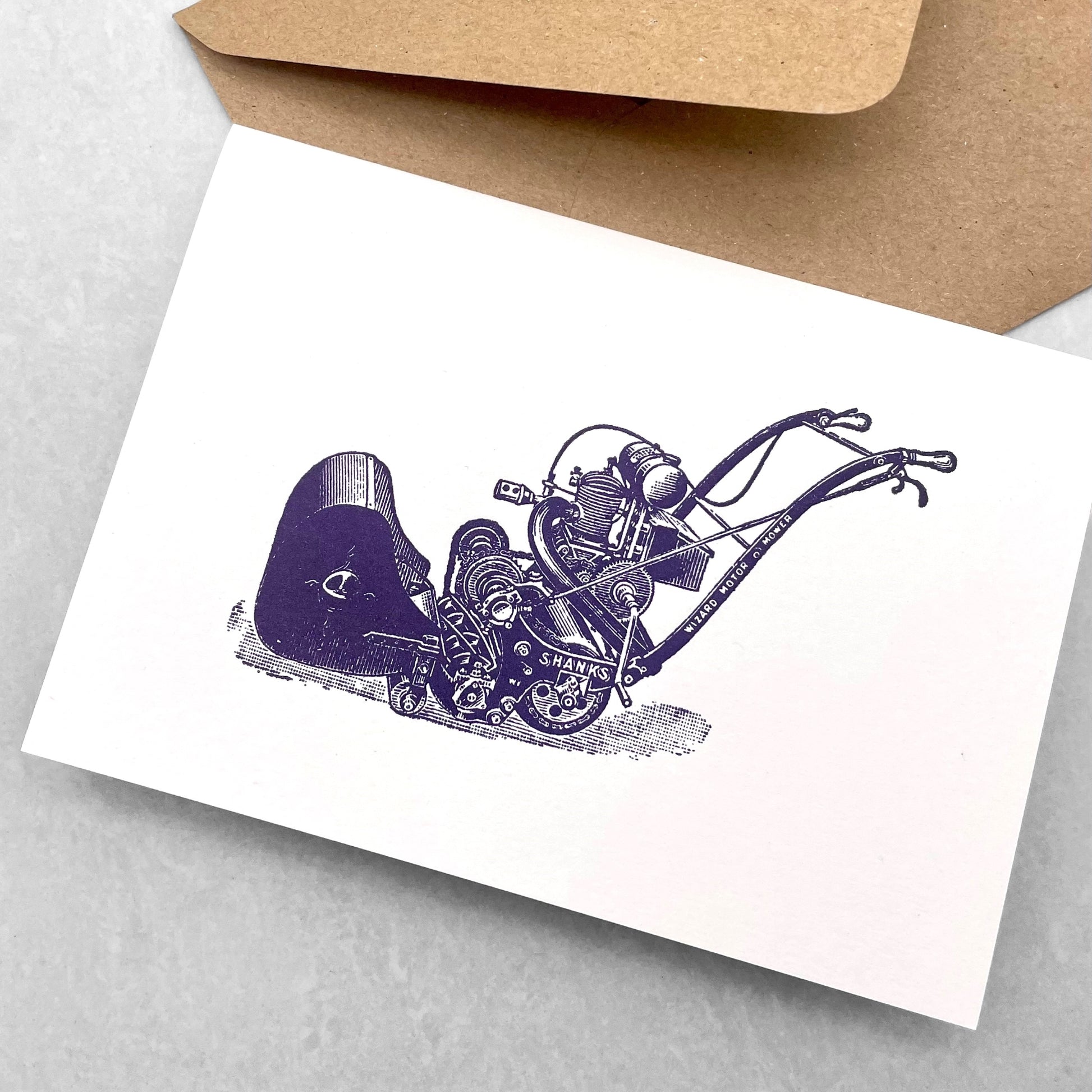 letterpress greetings card of a drawing of a vintage lawn mower, dark blue ink on white by Passenger Press