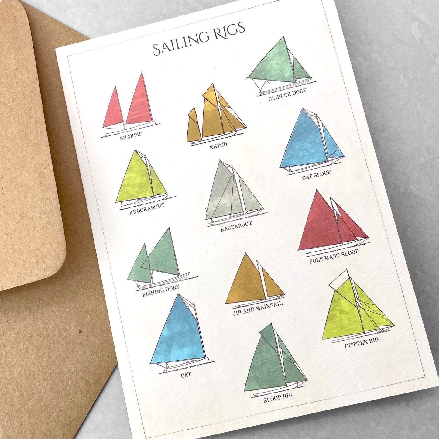 greetings card with drawing of different types of sailing rigs by The Pattern Book
