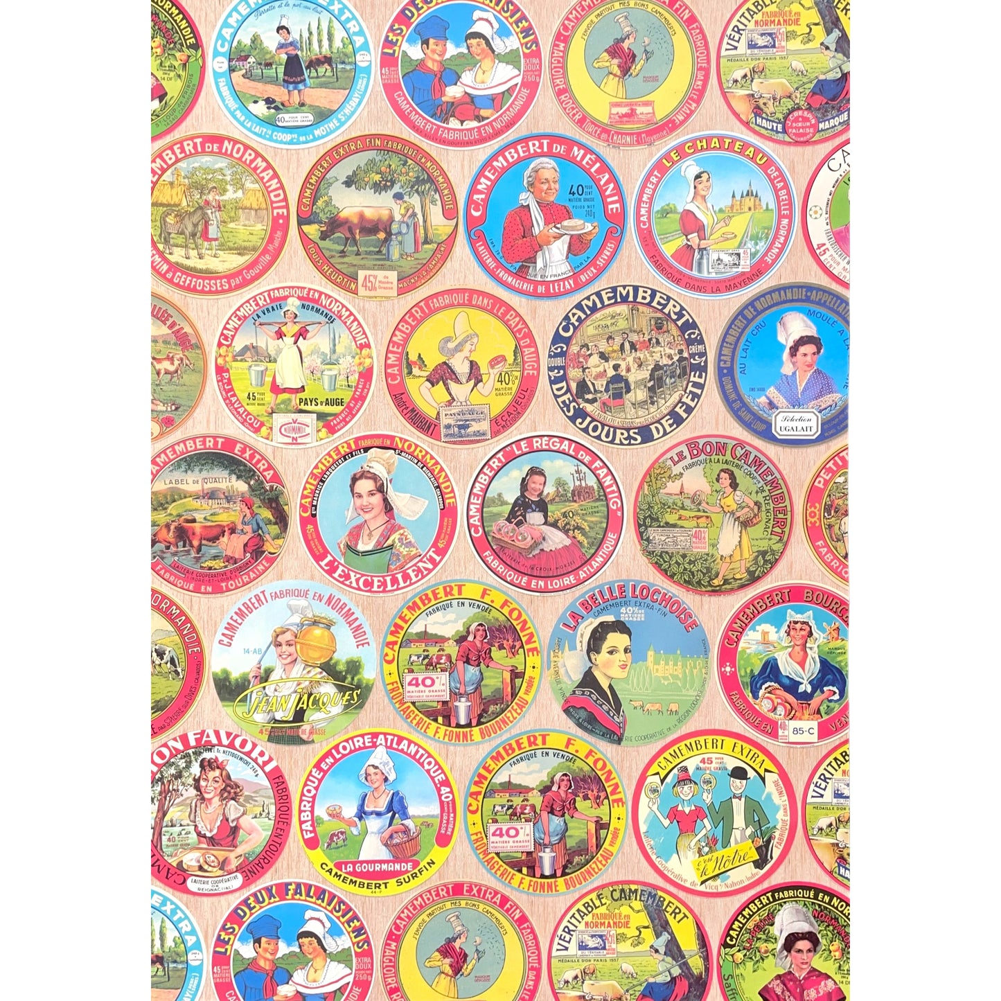 Poster wrap by The Pattern Book. this sheet of wrapping paper is covered with images of vintage camembert cheese wrappers. Full sheet image