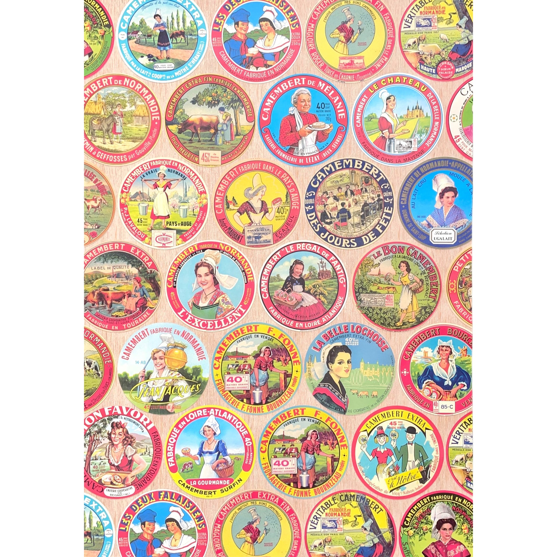 Poster wrap by The Pattern Book. this sheet of wrapping paper is covered with images of vintage camembert cheese wrappers. Full sheet image
