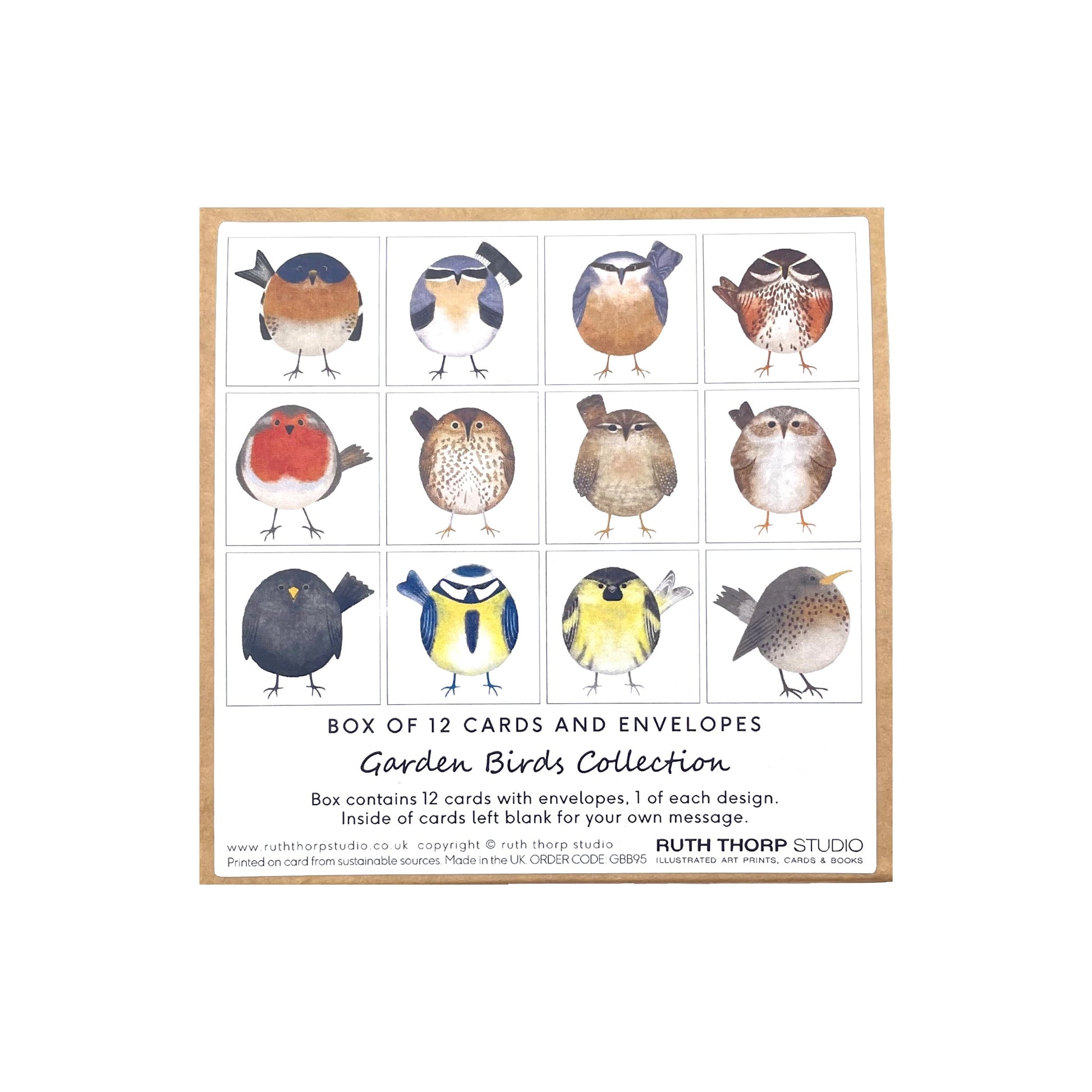 A pack of 12 small greetings card with illustrations of garden birds of the UK, by Ruth Thorp Studio