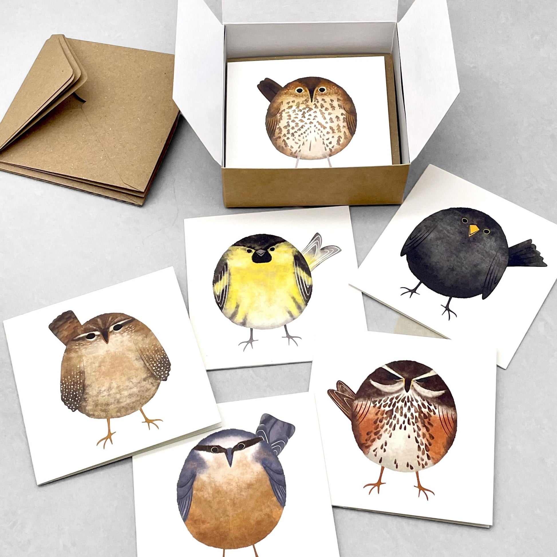 A pack of 12 small greetings card with illustrations of garden birds of the UK, by Ruth Thorp Studio