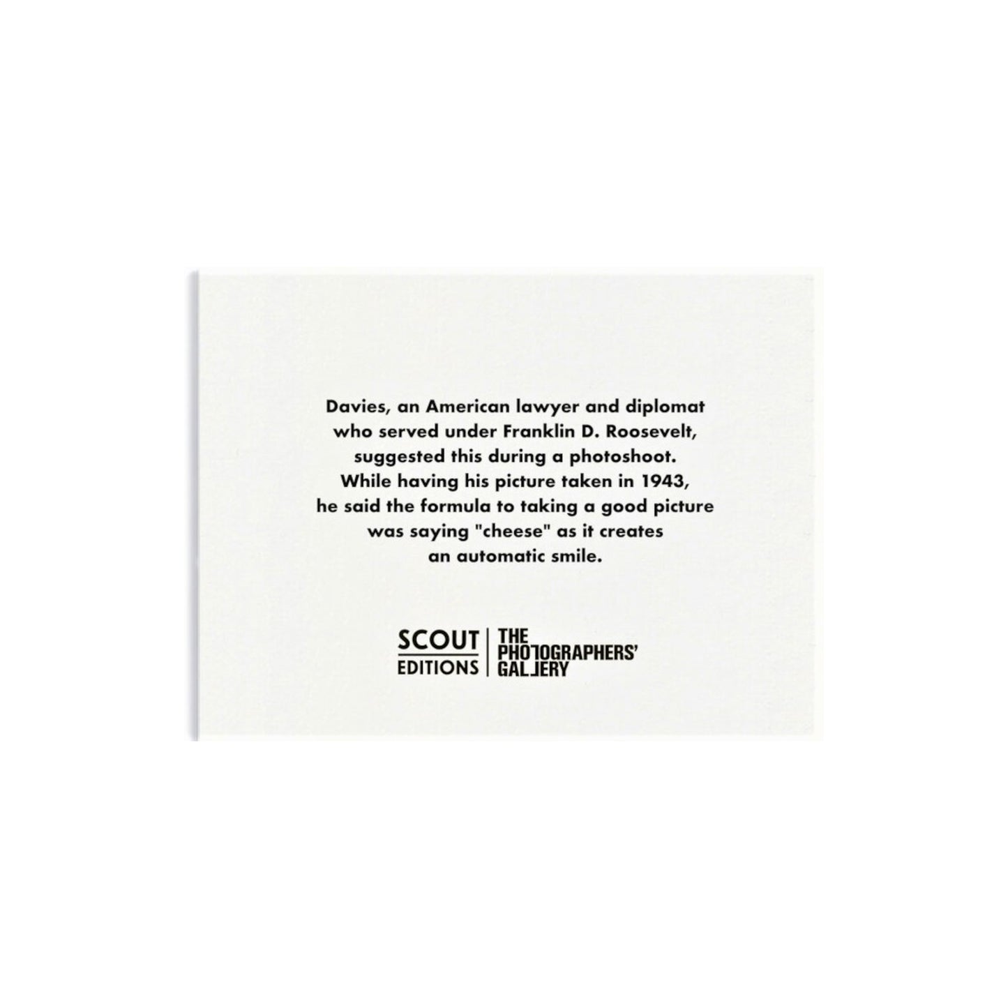 Mini greetings card with image of a camera. By Scout Editions., reverse of card