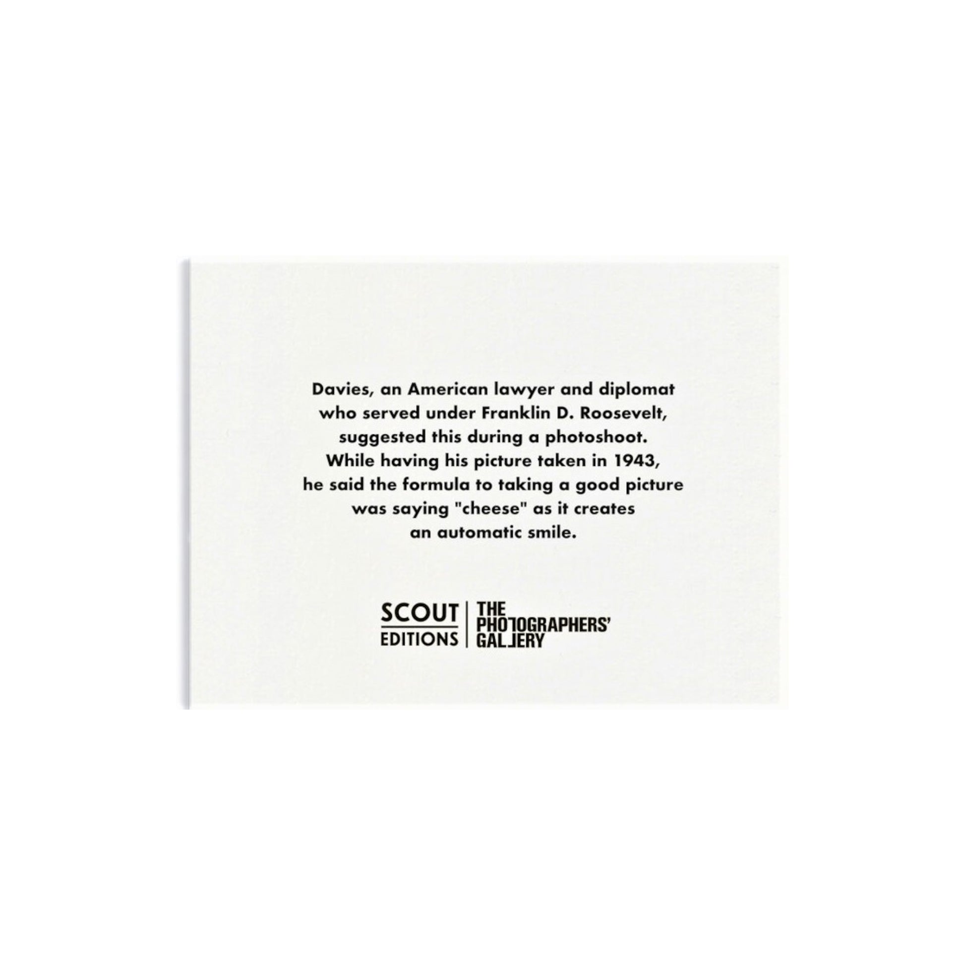 Mini greetings card with image of a camera. By Scout Editions., reverse of card