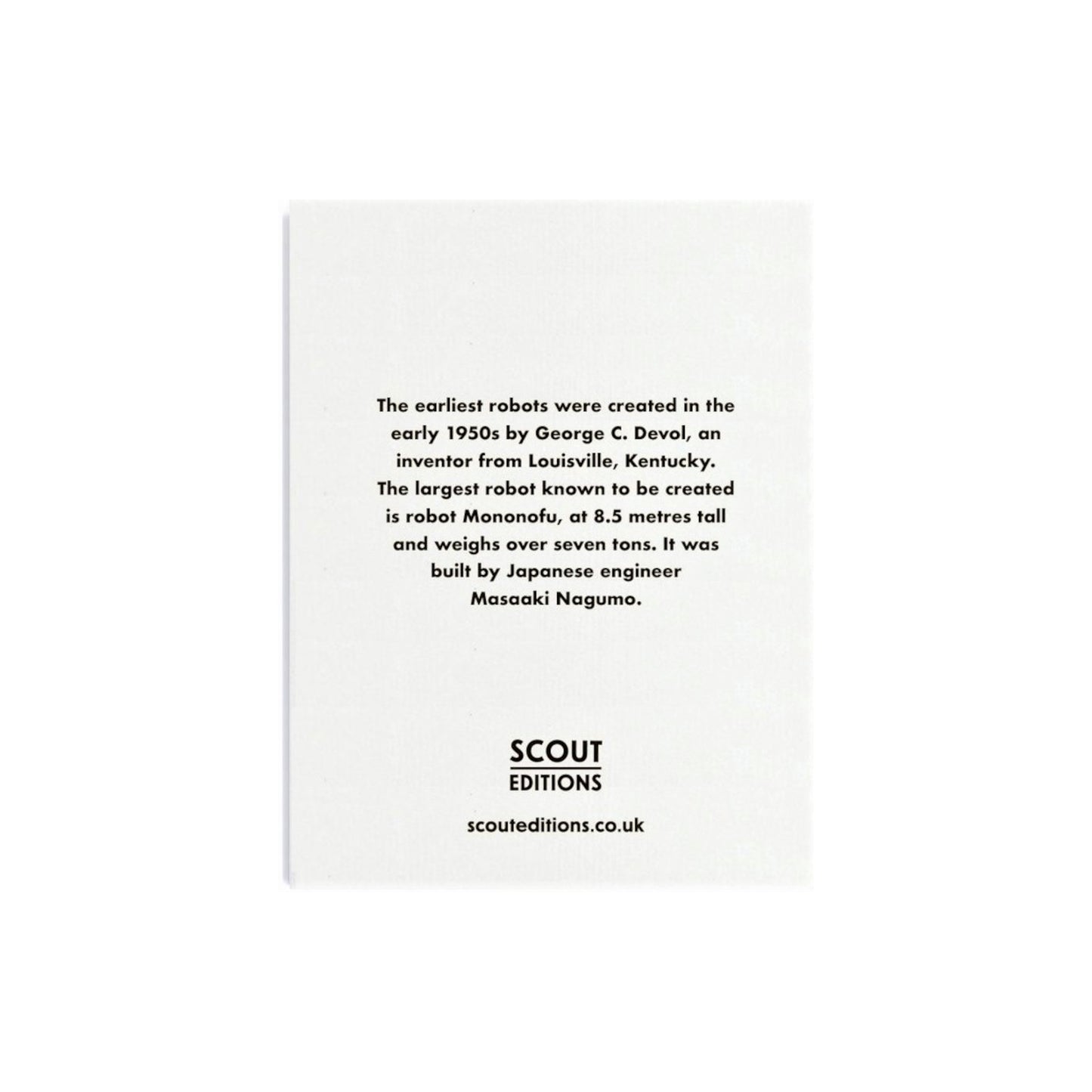 Mini greetings card with an image of a green robot. By Scout Editions. Reverse of card