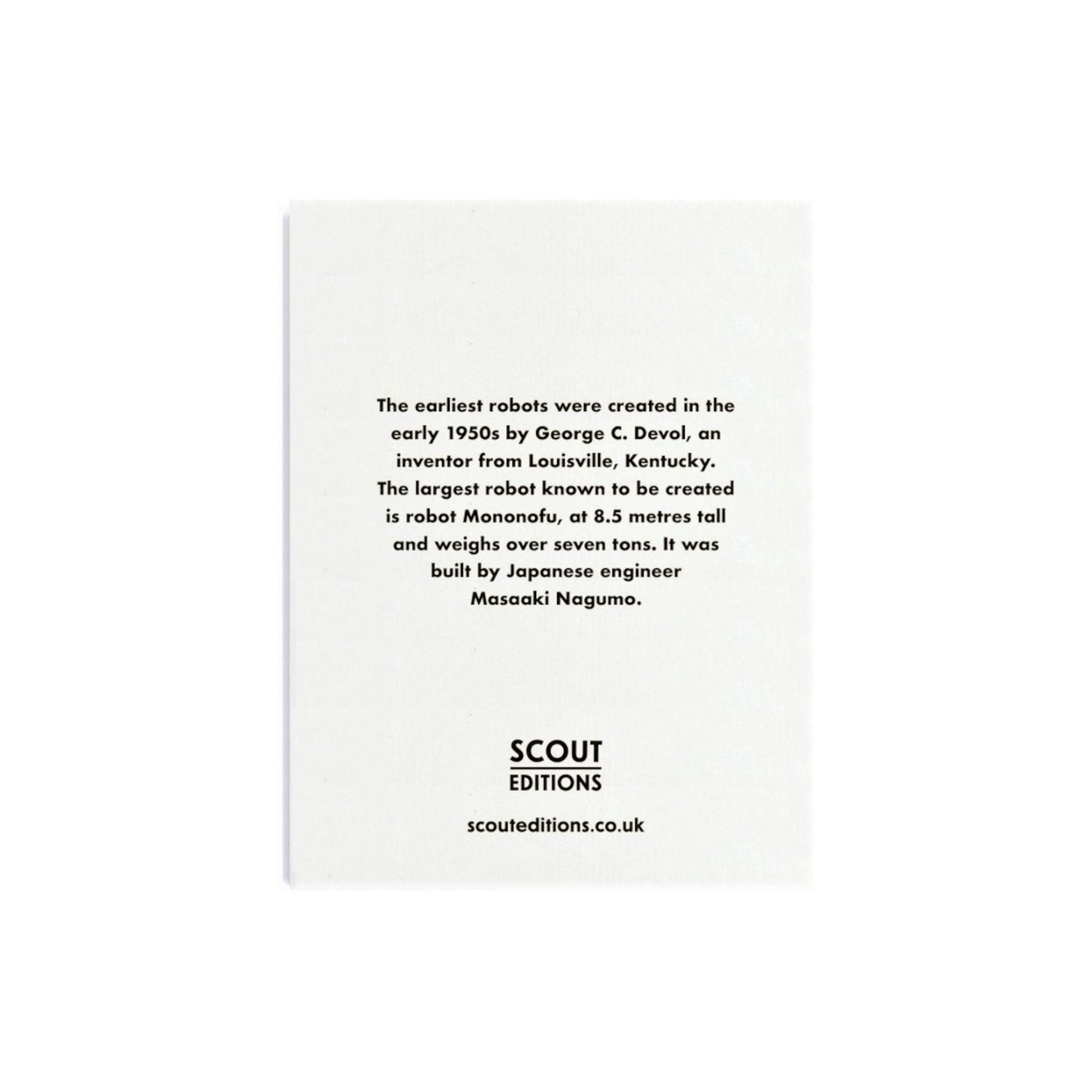 Mini greetings card with an image of a green robot. By Scout Editions. Reverse of card