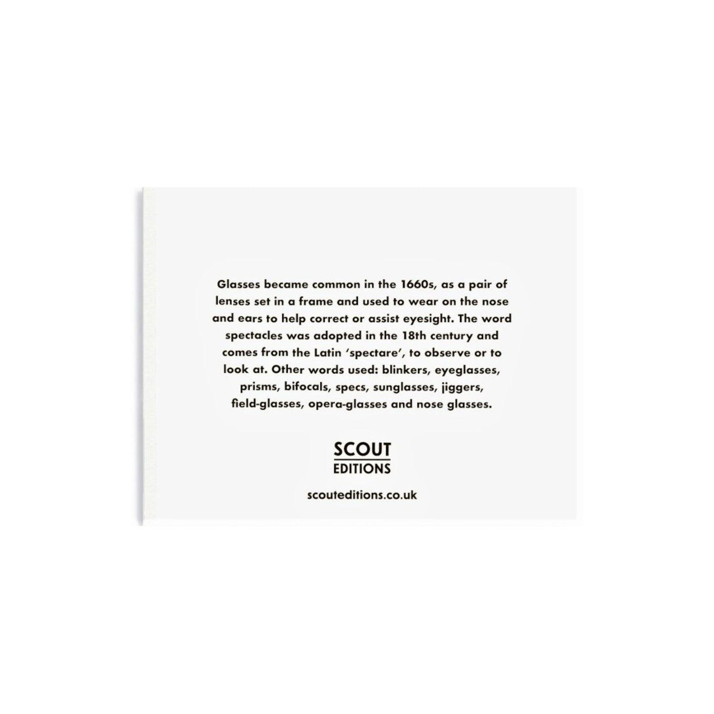 Mini greetings card with an image of a green pair of spectacles. By Scout Editions. Reverse of card