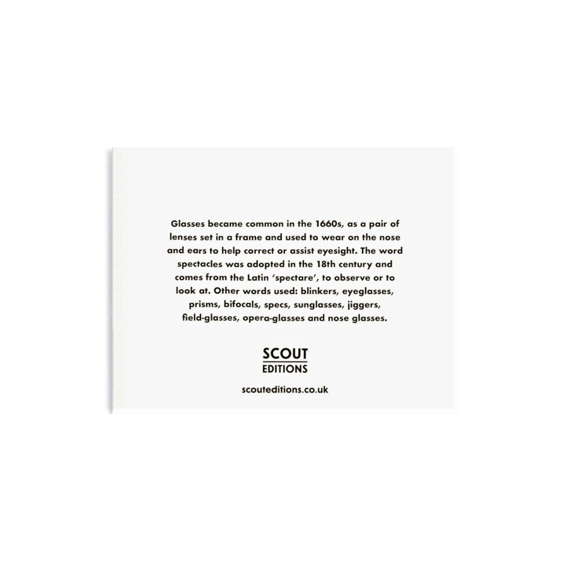 Mini greetings card with an image of a green pair of spectacles. By Scout Editions. Reverse of card