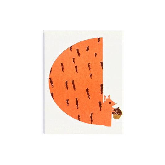 Mini greetings card with an image of an orange squirrel eating an acorn. By Scout Editions.