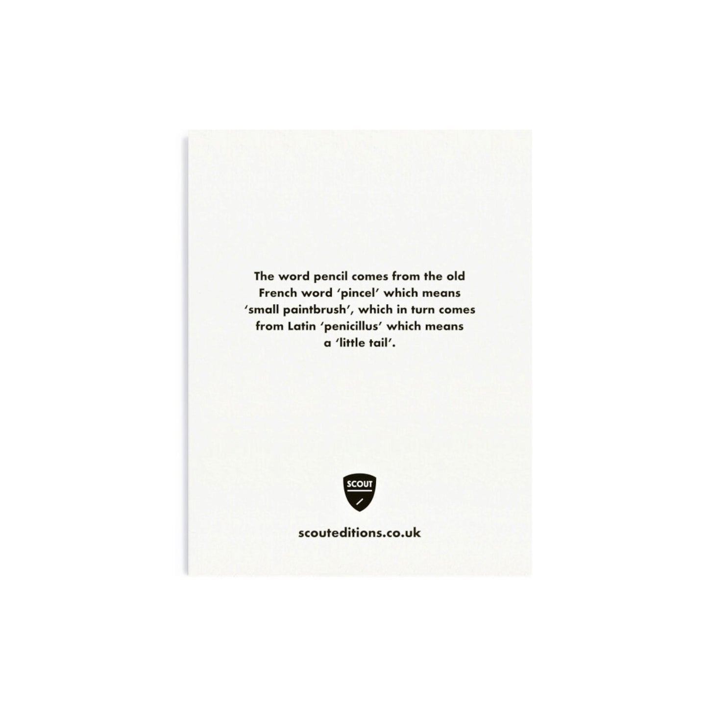 Mini greetings card with an image of a yellow pencil with a smily face. By Scout Editions. Reverse of card