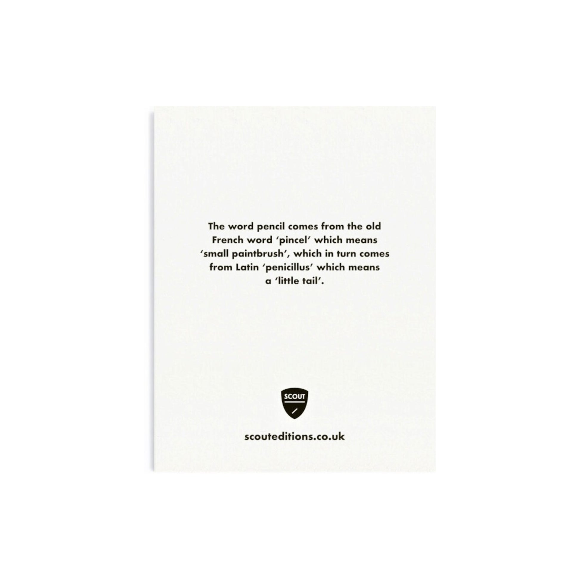 Mini greetings card with an image of a yellow pencil with a smily face. By Scout Editions. Reverse of card