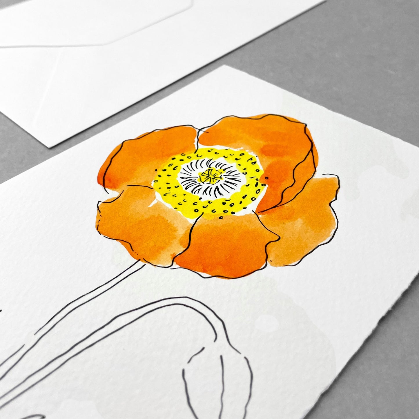 hand-painted greetings card of an orange oriental poppy flower, by Scribble and Daub