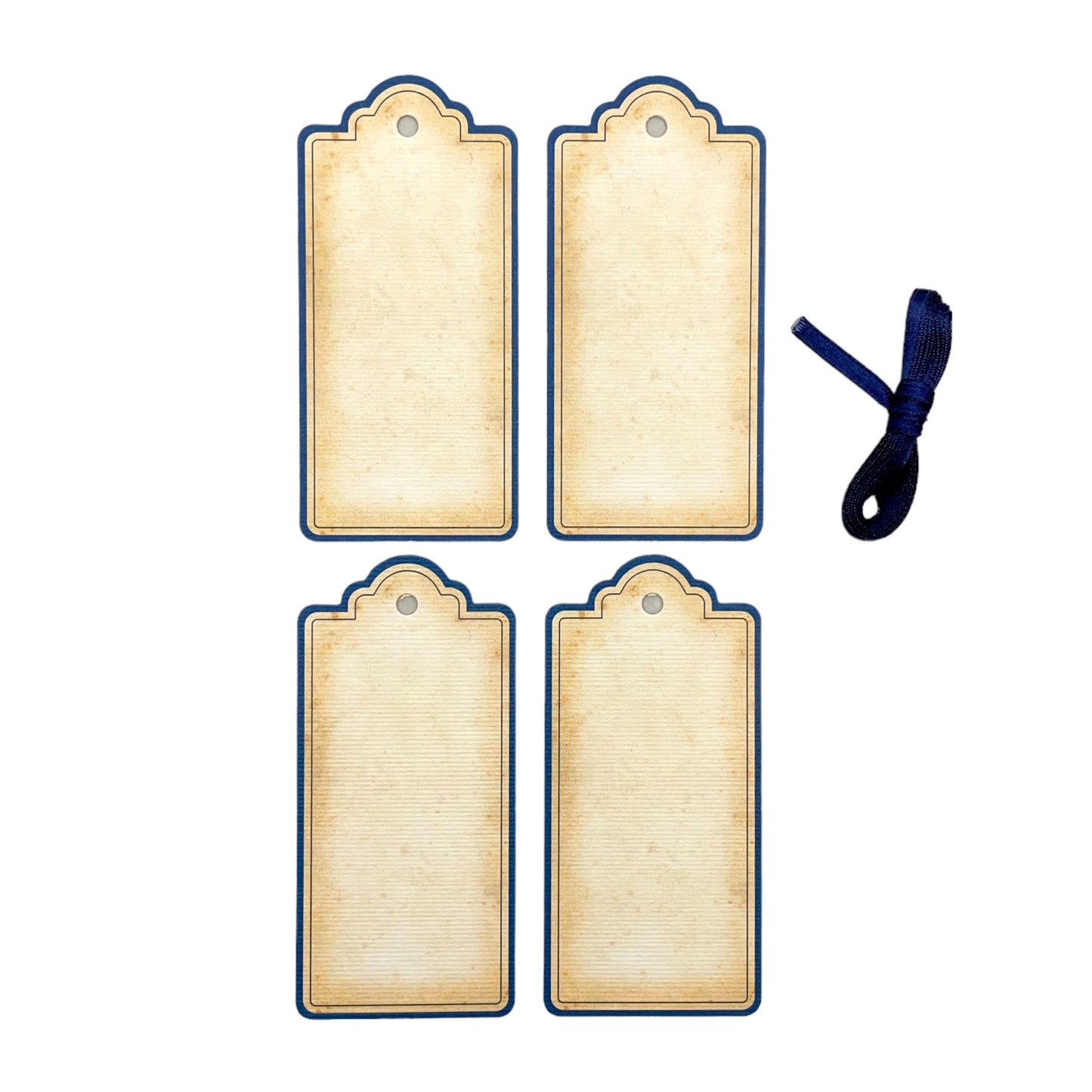 set of 4 vintage style gift tags by Grafiche Tassotti. Rectangular with sepia colour paper and navy border. Presented with navy ribbon