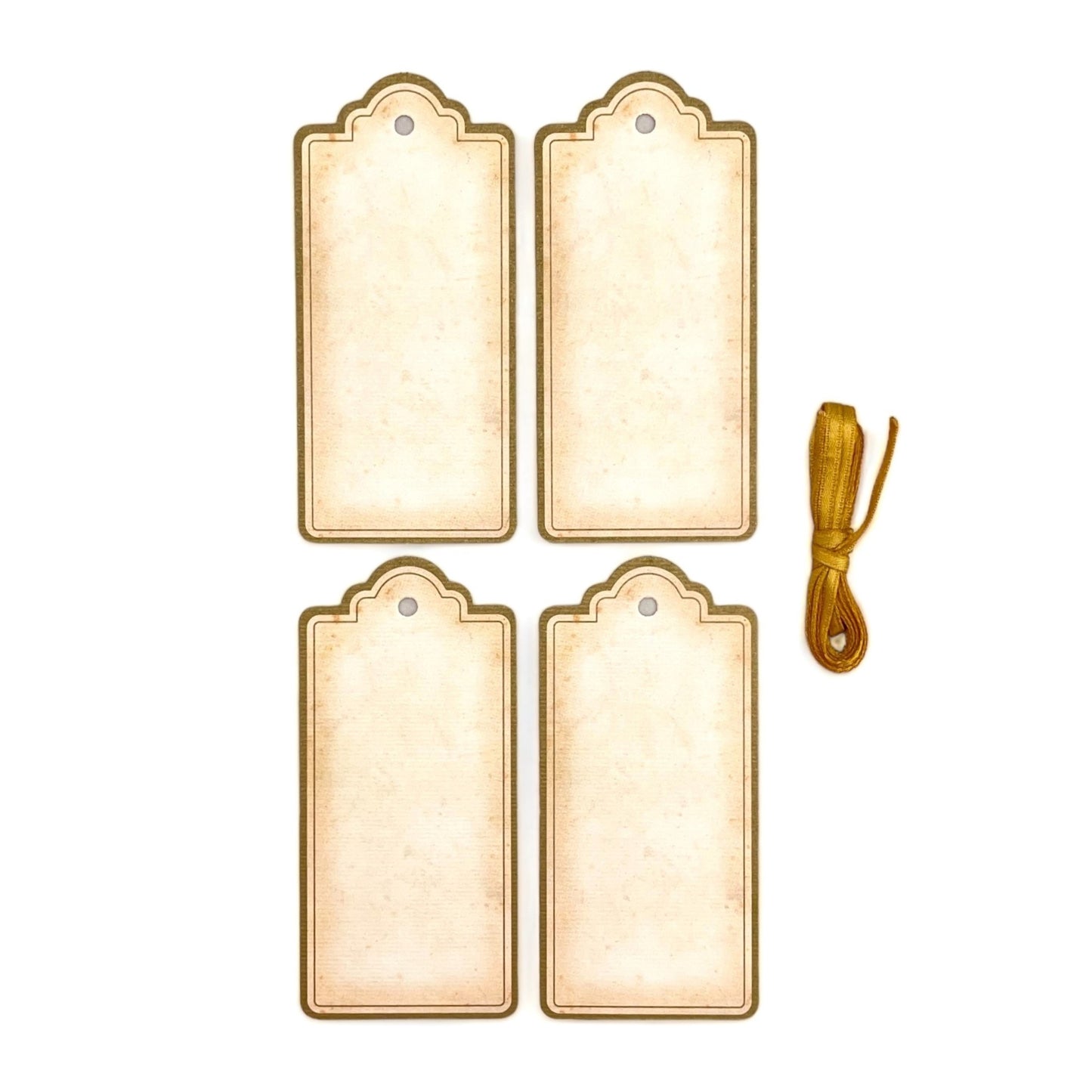 set of 4 vintage style gift tags by Grafiche Tassotti. Rectangular with sepia colour paper and gold border. Presented with gold ribbon.