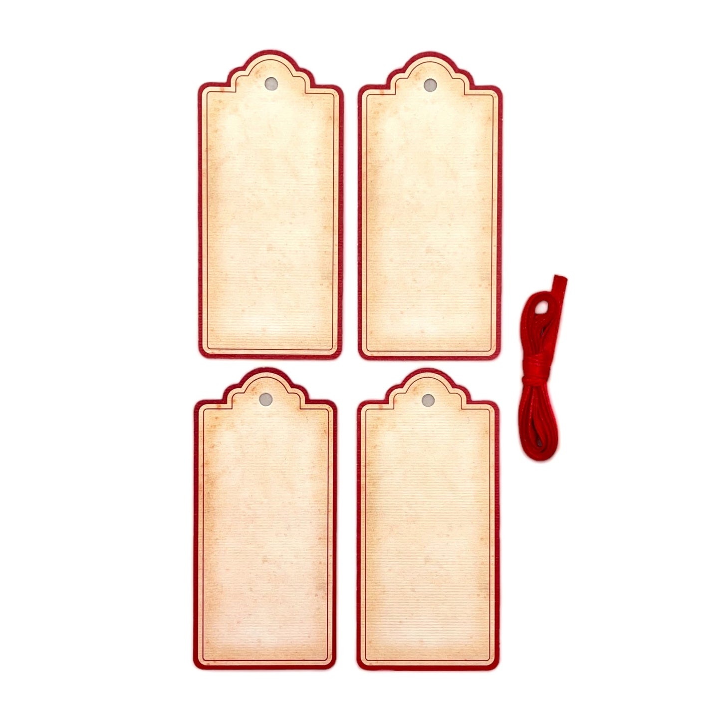 set of 4 vintage style gift tags by Grafiche Tassotti. Rectangular with sepia colour paper and red border. Presented with red ribbon