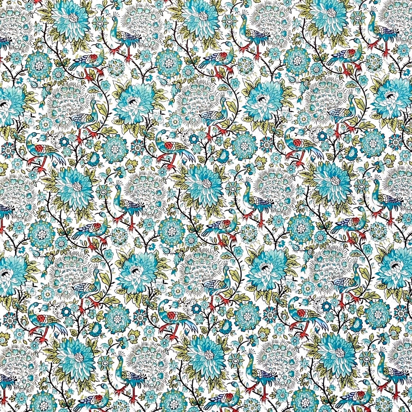 Italian patterned wrapping paper "Carta Varese" by Grafiche Tassotti.  Pattern of peacocks, flowers and foliage in tones of blue, aqua, green and red