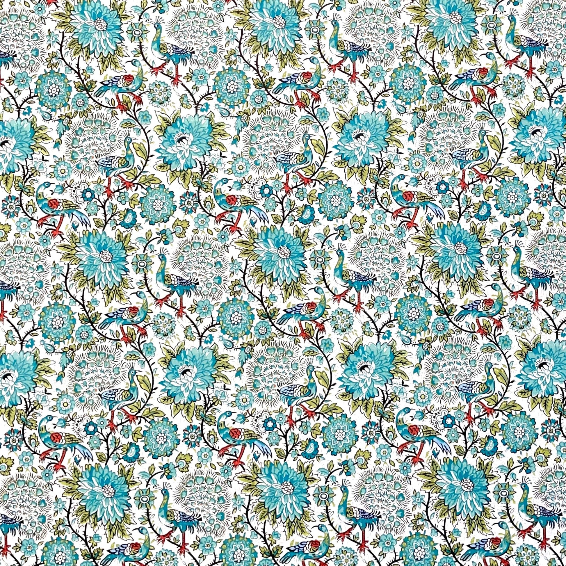 Italian patterned wrapping paper "Carta Varese" by Grafiche Tassotti.  Pattern of peacocks, flowers and foliage in tones of blue, aqua, green and red