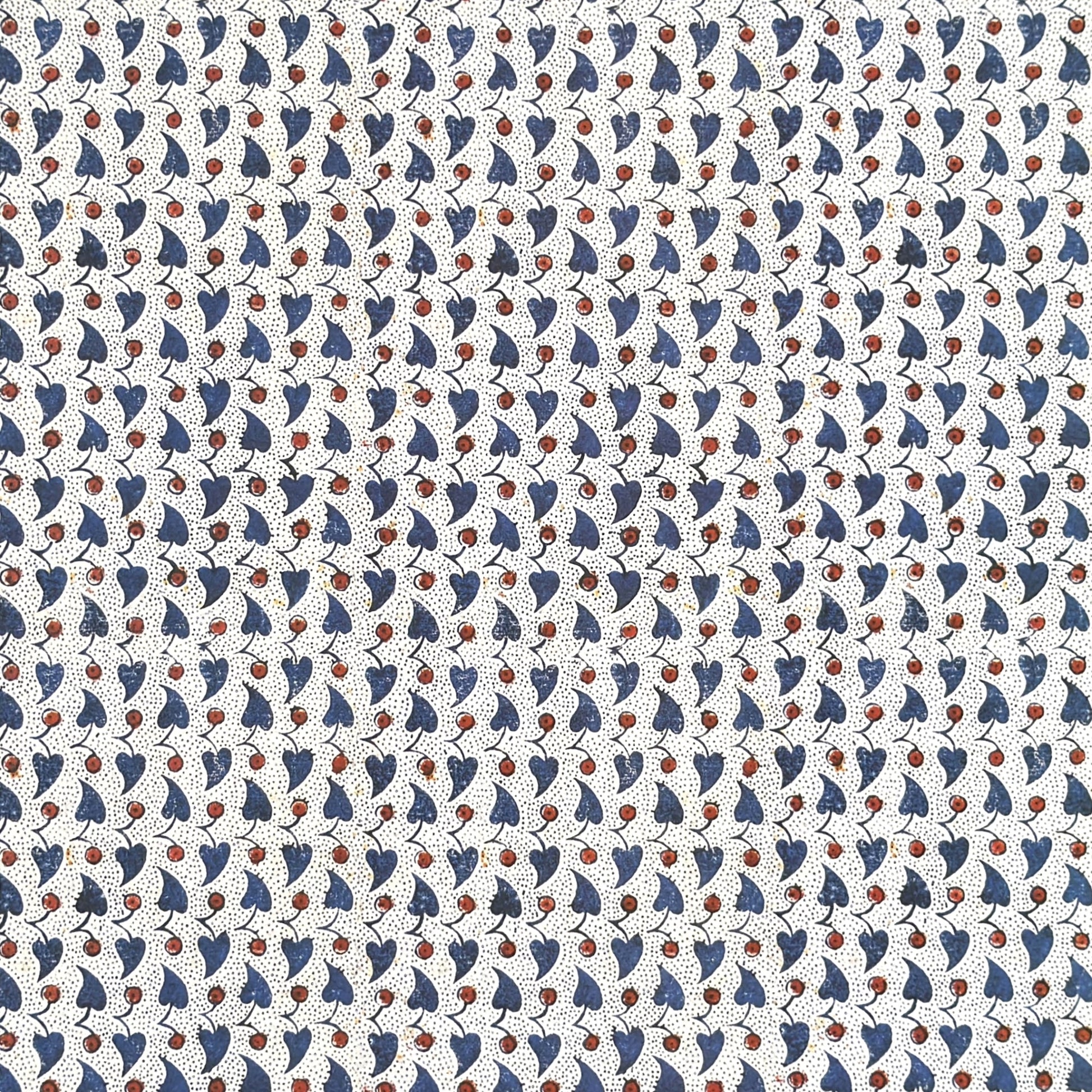 a sheet of italian wrapping paper with a blue little heart shaped leaves and red berries on white background.