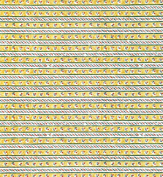 a sheet of florentine italian wrapping paper with a striped design in yellow, green, red and white with a little flower block print between the stripes