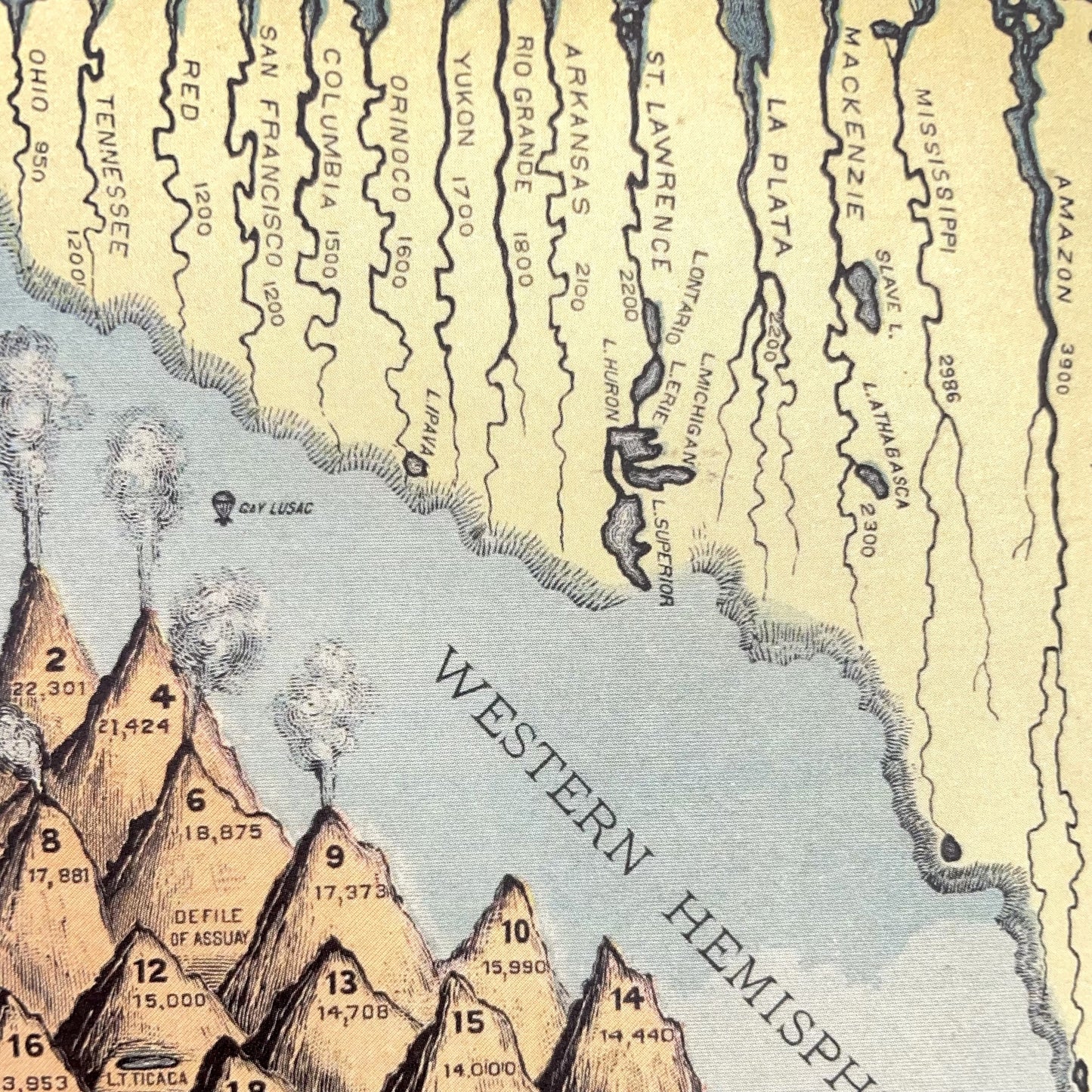 Greetings card by The Pattern Book. The front of this card has a drawing of the rivers and mountains of the Eastern hemisphere. The reverse depicts those of the Western hemisphere. Close up