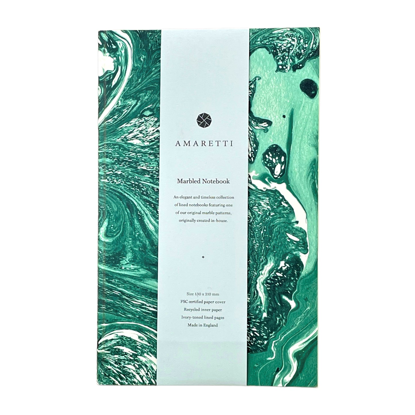 A lined notebook with green marble printed softcover by Amaretti Design