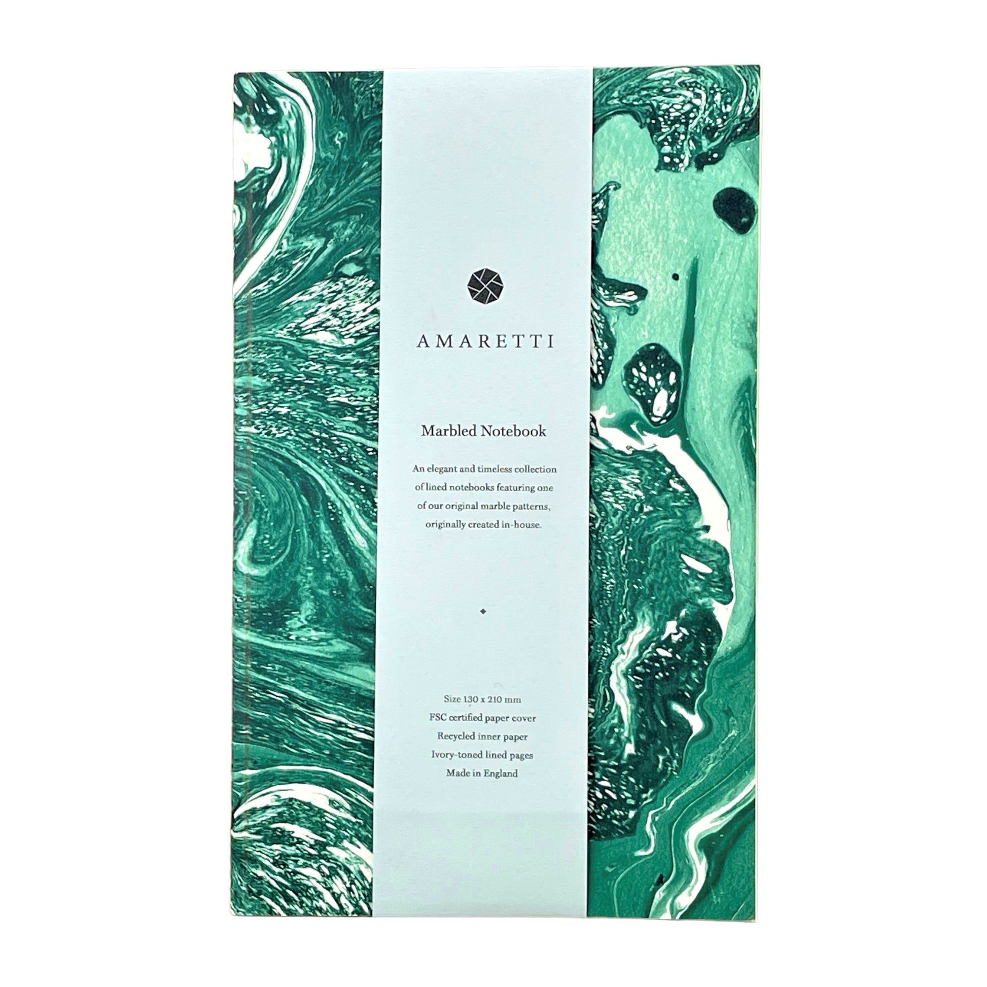 A lined notebook with green marble printed softcover by Amaretti Design