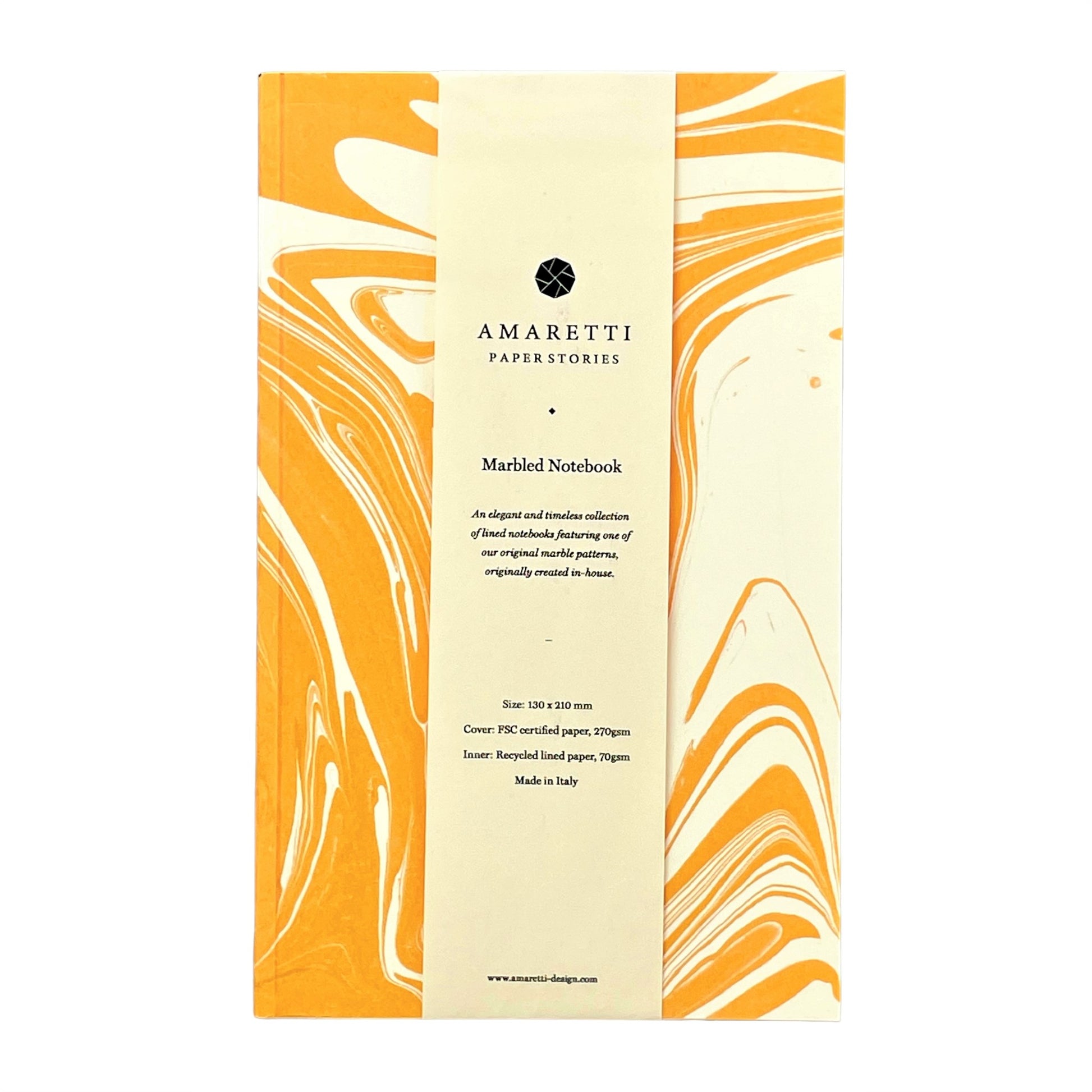 A lined notebook with yellow marble printed softcover by Amaretti Design