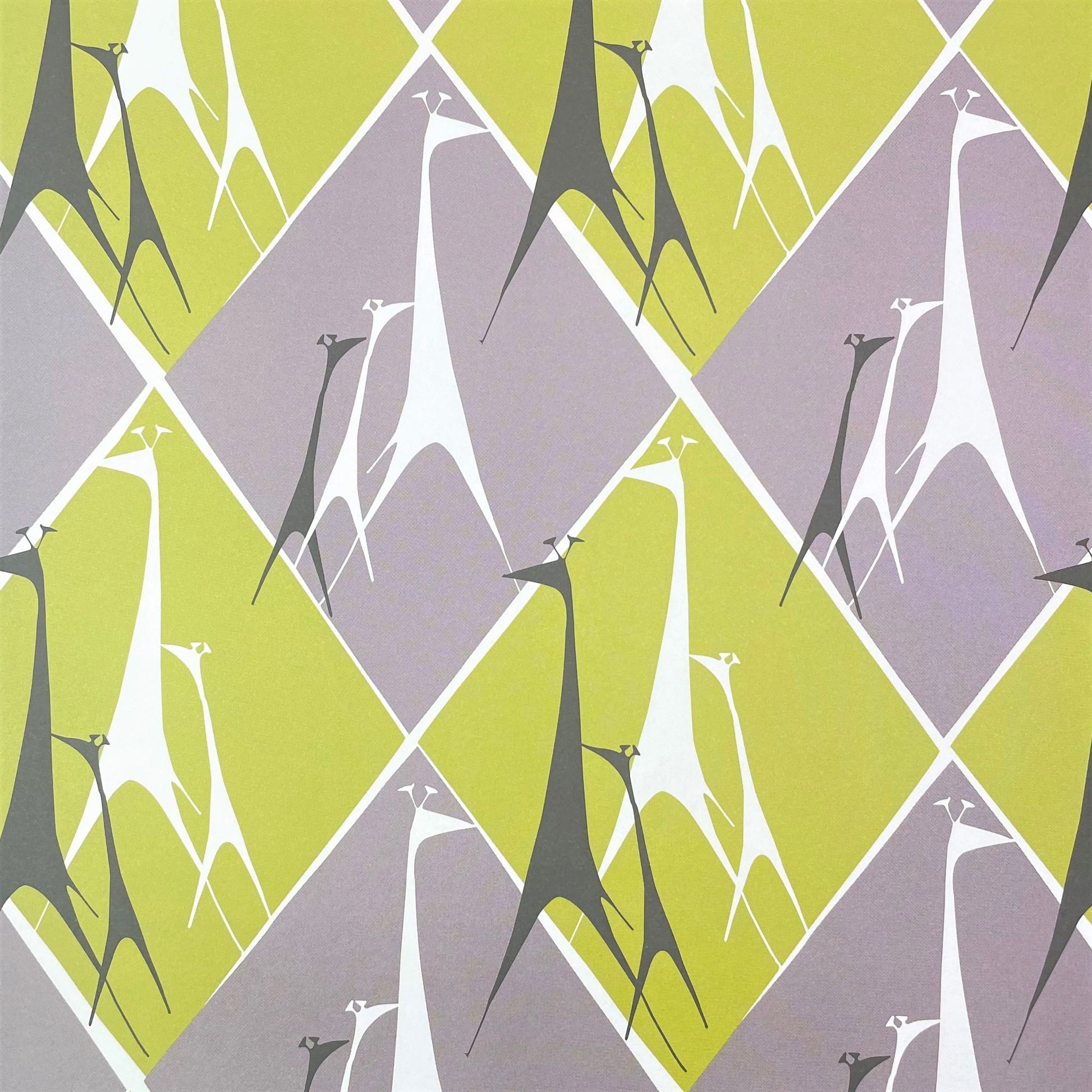 wrapping paper with stylised white and charcoal outline giraffes on a diamond backdrop of green and grey by Artisan Design